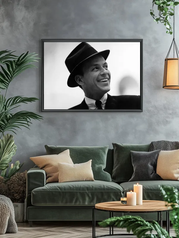 Постер «Фрэнк Синатра в Нью-Йорке» над диваном в гостиной