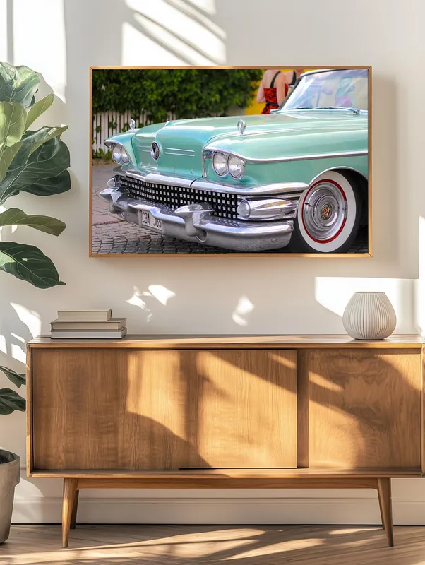 Постер «Голубой ретро автомобиль» на стене в офисе