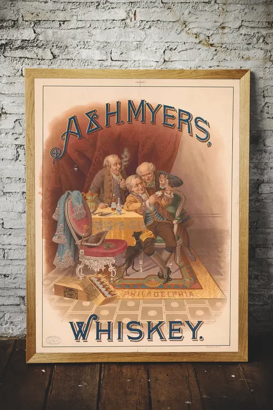 Постер «Рекламный плакат - Виски A and H. Myers, Whisky» на стене в офисе
