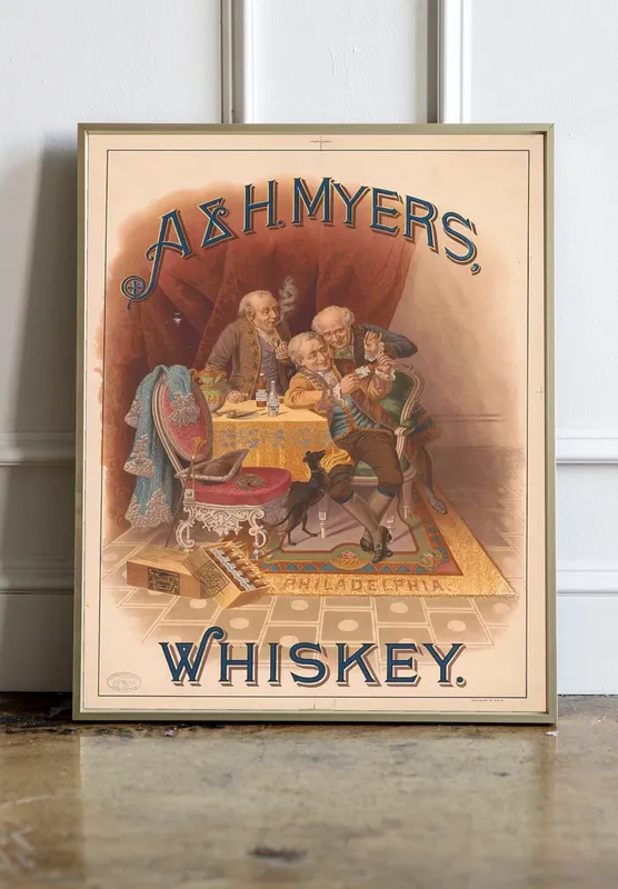 Постер «Рекламный плакат - Виски A and H. Myers, Whisky» над диваном в гостиной