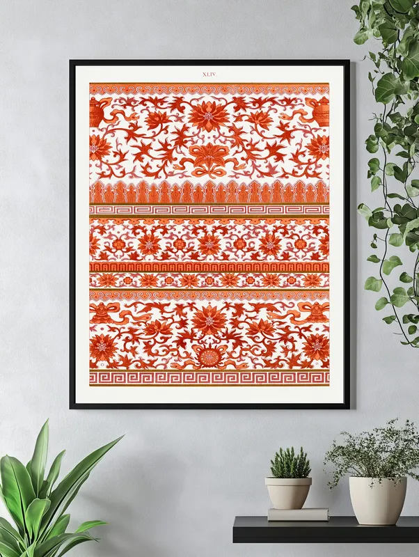 Постер «Китайский Орнамент - Красные Узоры» над диваном в гостиной