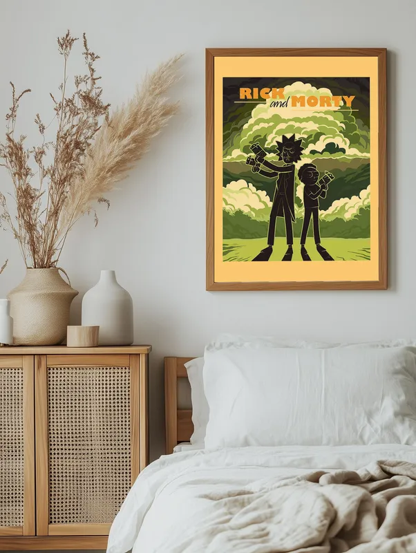 Постер «Постер Рик и Морти» над диваном в гостиной