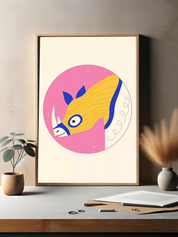 Постер «Постер Носорог» над диваном в гостиной