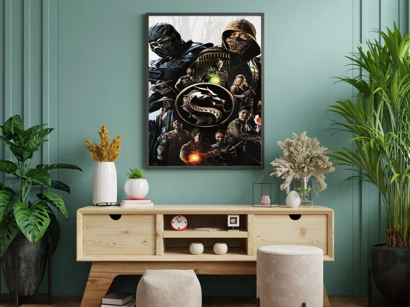 Постер «Постер Mortal Kombat» над диваном в гостиной