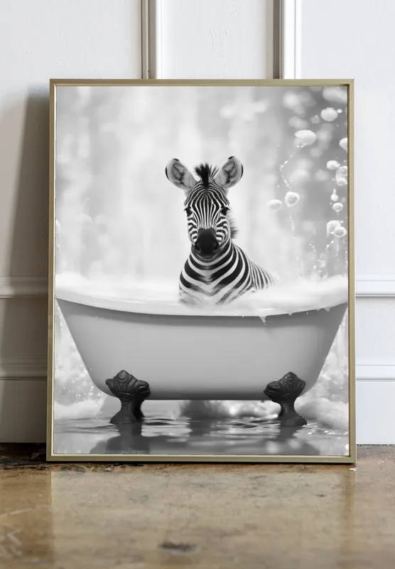 Постер «Зебра в ванной» на стене в офисе