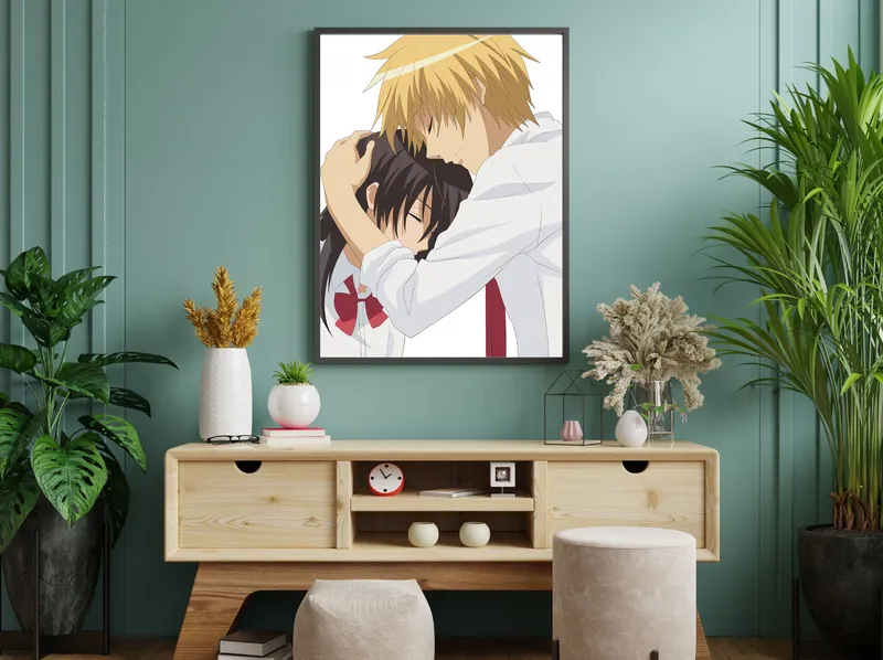 Постер «Президент горничная. Такуми и Мисаки вместе» над диваном в гостиной