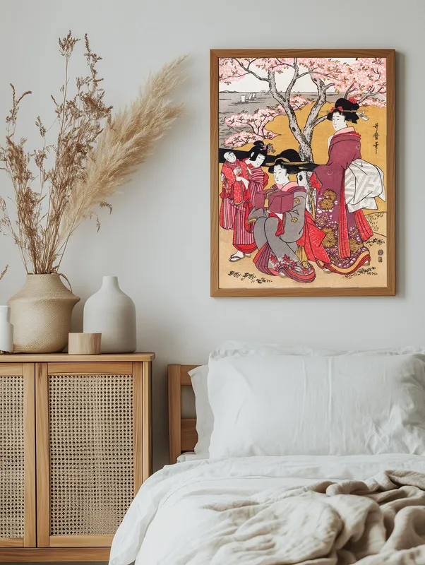 Постер «Японская семья» над диваном в гостиной