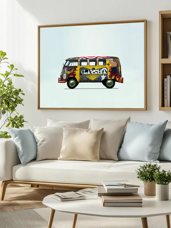 Постер «Хиппи-бас» над диваном в гостиной