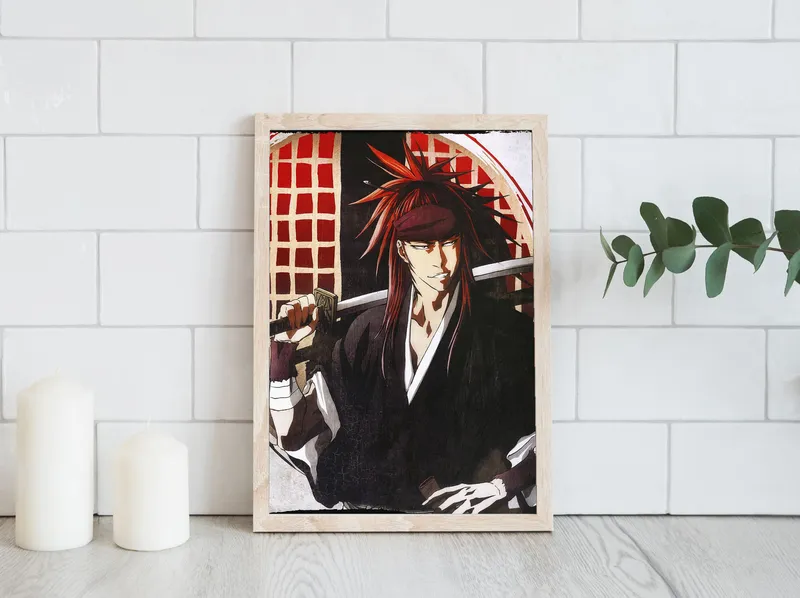 Постер «Блич. Рендзи Абараи с клинком» над диваном в гостиной