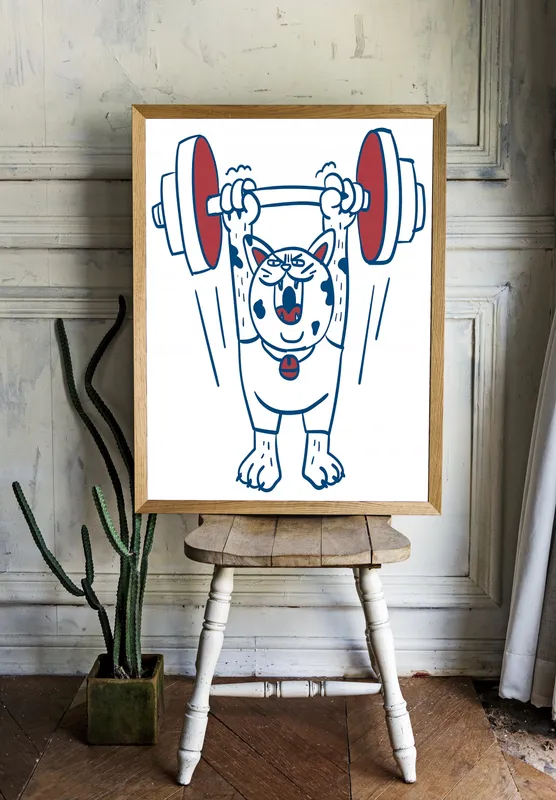 Постер «Пес со штангой» на стене в офисе