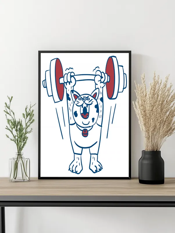 Постер «Пес со штангой» над диваном в гостиной