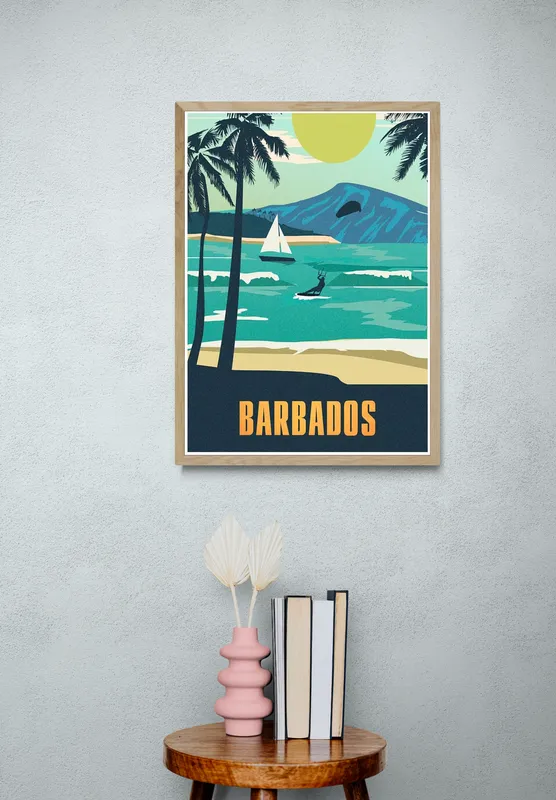 Постер «Лодки - Парусная лодка на острове Барбадос» над диваном в гостиной