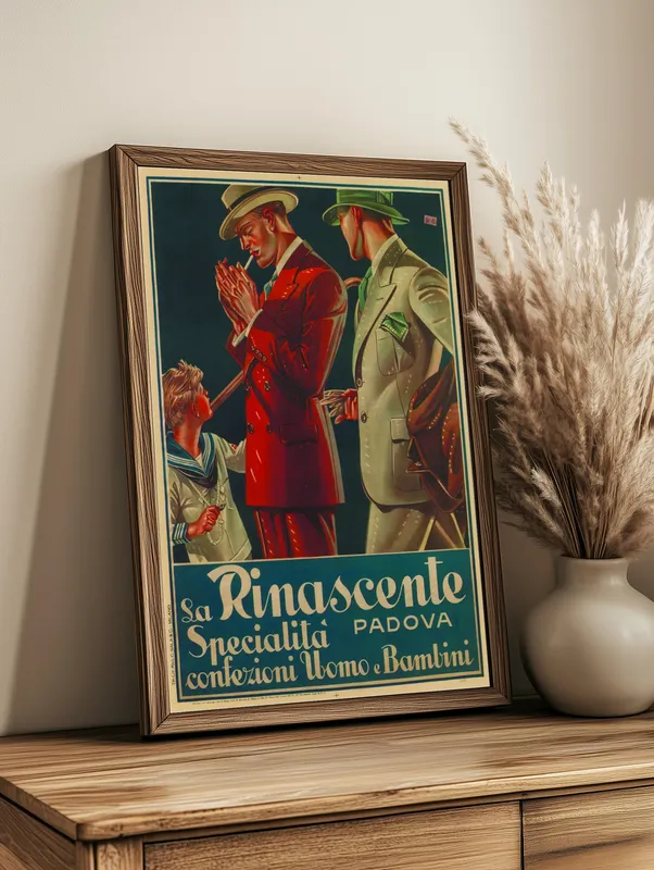 Постер «La Rinascente» над диваном в гостиной