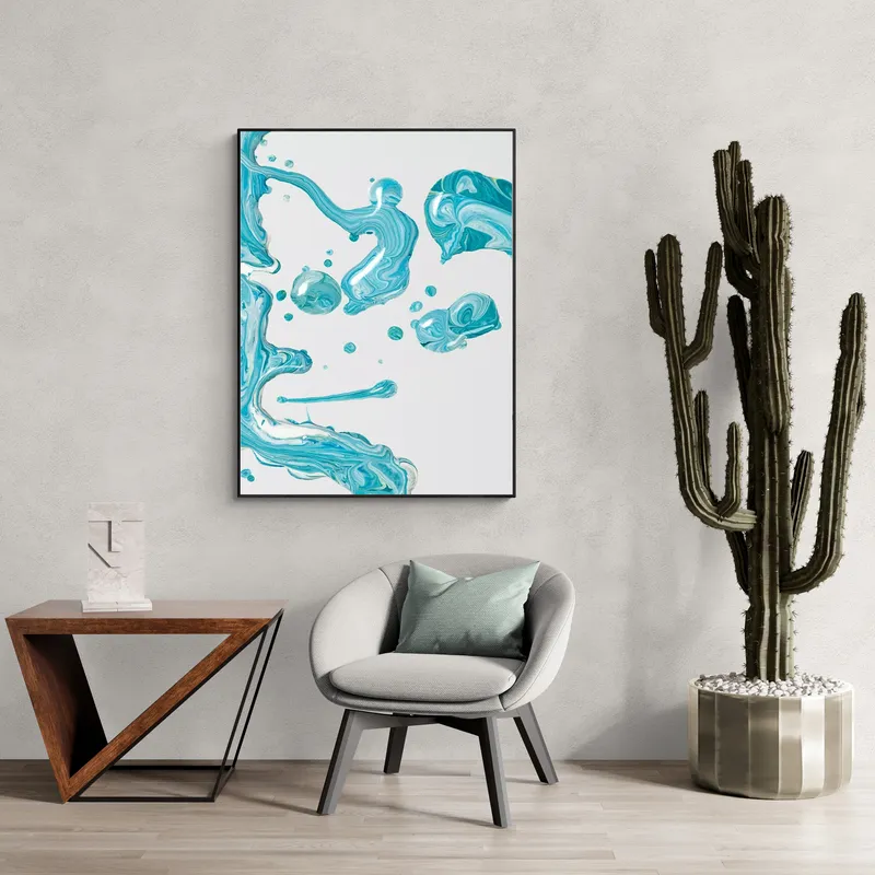 Постер «Эстетические голубые капли» над диваном в гостиной