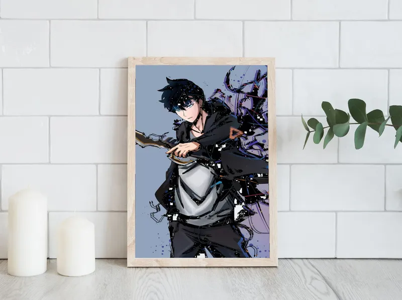 Постер «Поднятие уровня в одиночку. Джин Ву с клинком» над диваном в гостиной