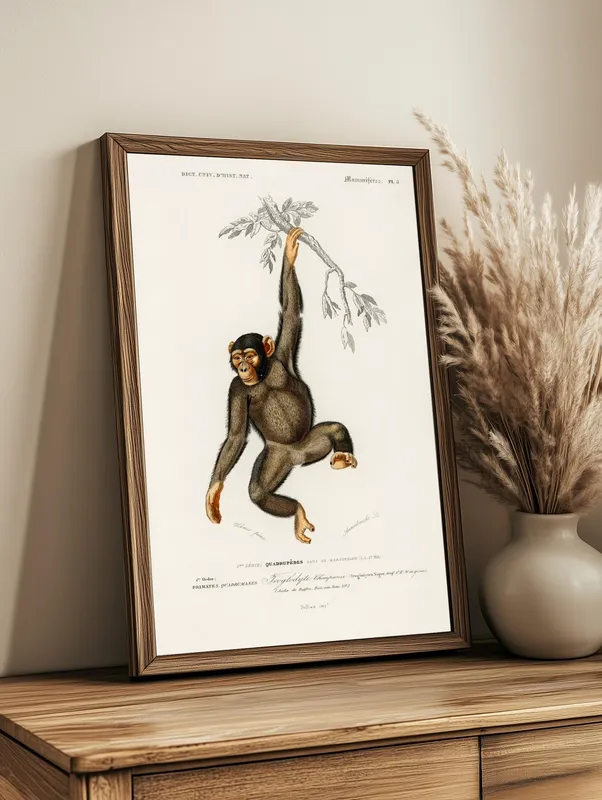 Постер «Шимпанзе» над диваном в гостиной