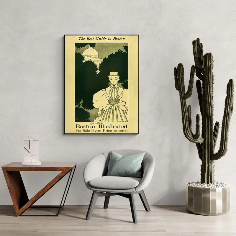Постер «Афиша - Лучший путеводитель по Бостону» над диваном в гостиной