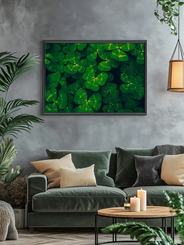 Постер «Лист клевера» над диваном в гостиной