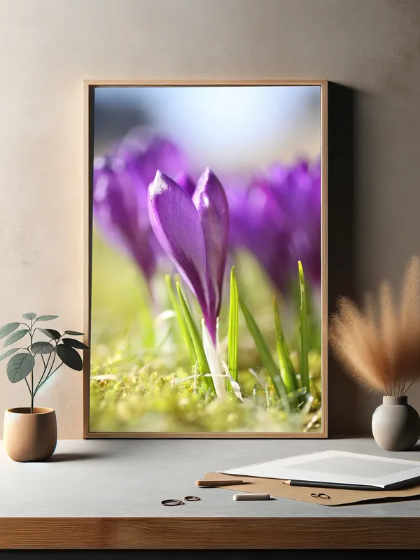 Постер «Нежные крокусы» над диваном в гостиной