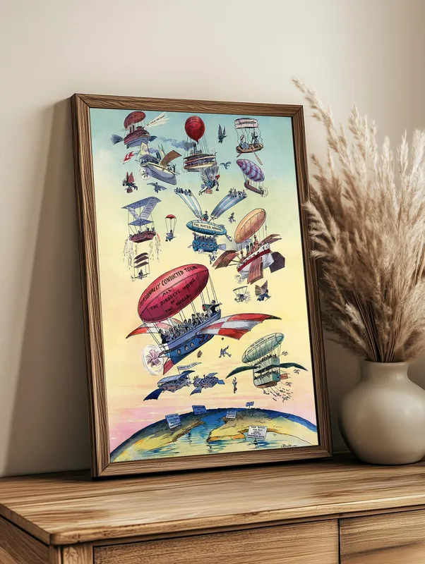 Постер «Воздухоплавательные дирижабли» над диваном в гостиной