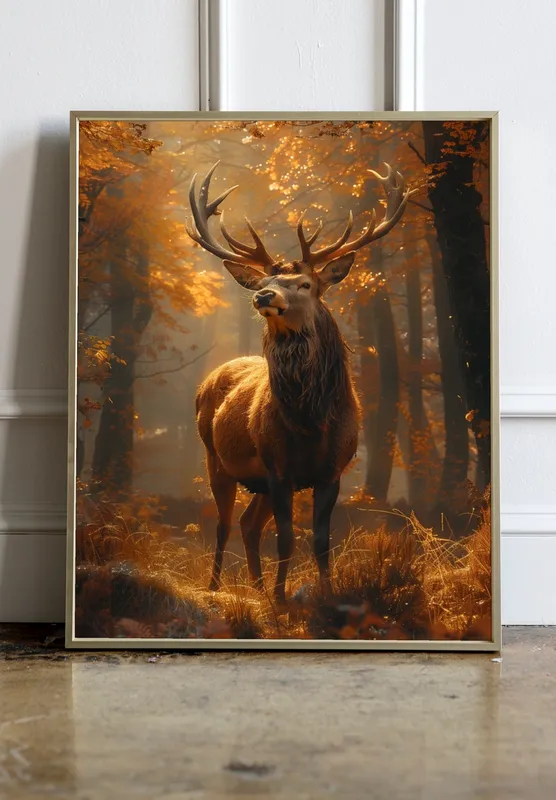 Постер «Постер Осенняя величественность оленя» над диваном в гостиной