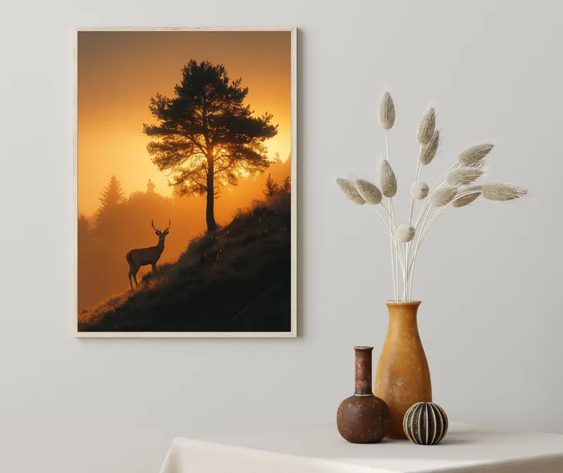 Постер «Постер Олень в утреннем свете» над диваном в гостиной